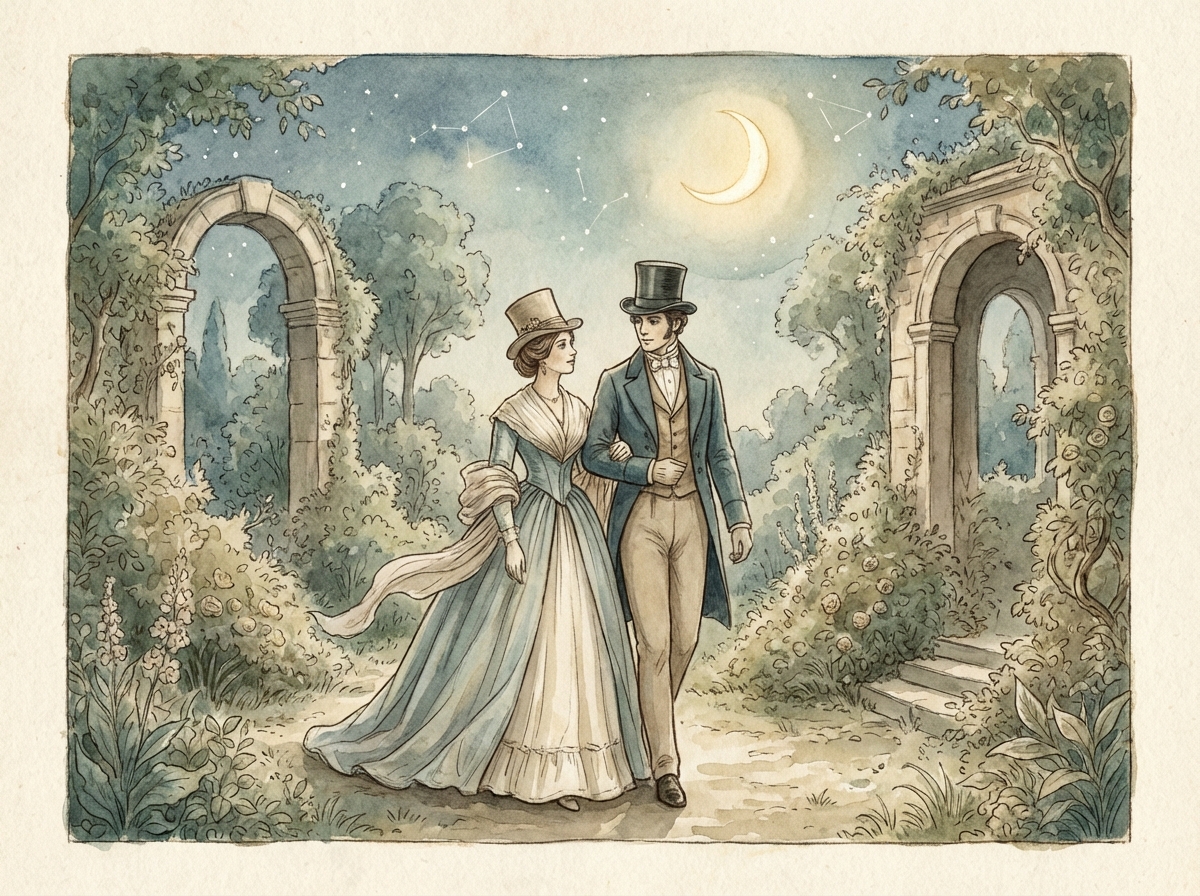 A romantic 19th-century European illustration of a couple walking in a garden under the stars, artistic watercolor texture, soft colors, 4:3