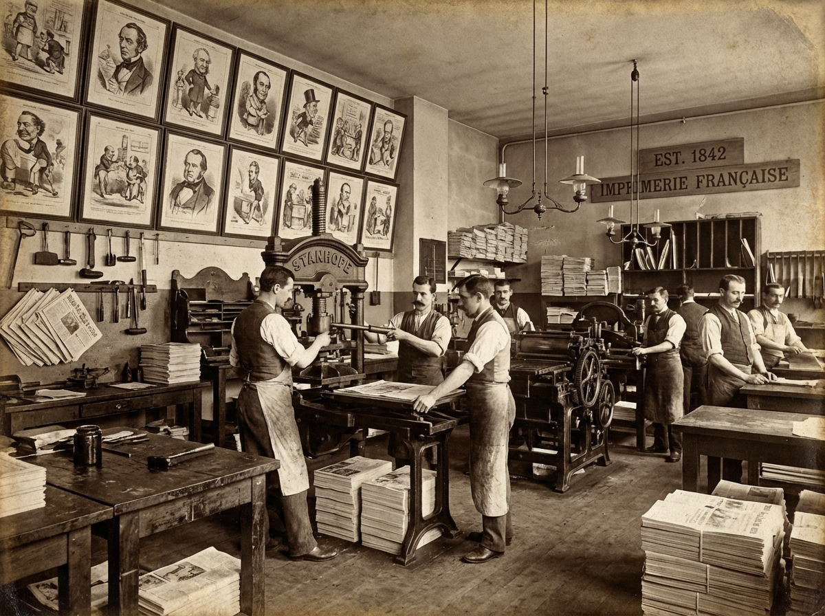 A 19th-century European printing press environment with classic satirical newspaper illustrations on the wall. Sepia toned, vintage artistic rendering, intricate details of ink and paper, historical atmosphere. 4:3