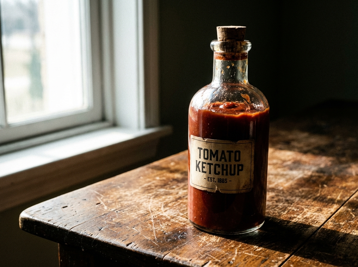 Vintage 19th century glass bottle filled with thick red tomato ketchup, rustic wooden background, natural light from a window, high contrast photography, 4:3