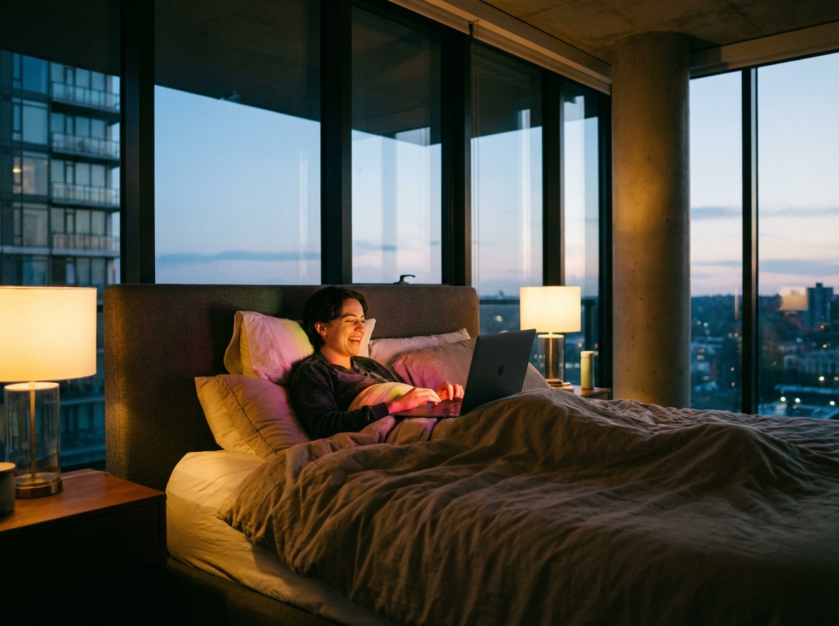 A young person lying on a comfortable bed with a laptop watching a vivid colorful drama, cinematic lighting, modern interior, 4:3 aspect ratio, no text.