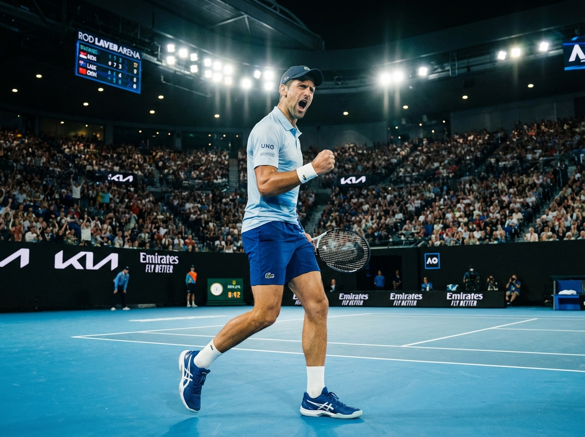 Novak Djokovic celebrating a point on a blue hard court at the Australian Open stadium, night match, vibrant stadium lights, wearing athletic tennis gear, intense expression, high quality photography, 4:3