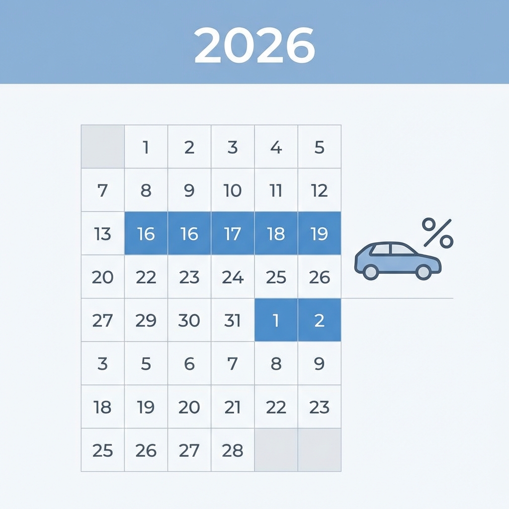 A clean and modern infographic showing a 2026 calendar with January 16th to February 2nd highlighted in blue. A car icon and a percentage discount symbol are displayed next to the dates. Professional design, 1:1 aspect ratio, no text.
