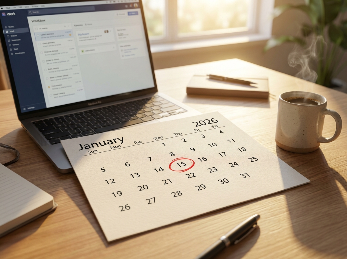 A modern 2026 January calendar on a wooden desk with a laptop and a cup of coffee, focus on January 15th being marked with a red circle, natural morning sunlight, high resolution, 4:3 aspect ratio, no text.