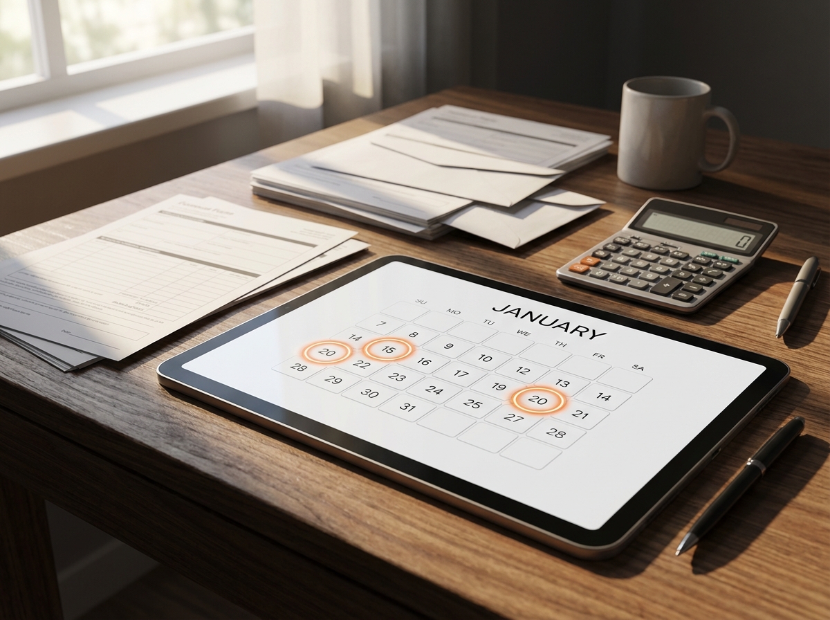 A modern and clean digital infographic showing a calendar for January 2026 with 15th and 20th highlighted, tax documents and a calculator on a wooden desk, soft natural lighting, high contrast, aspect ratio 4:3, no text.