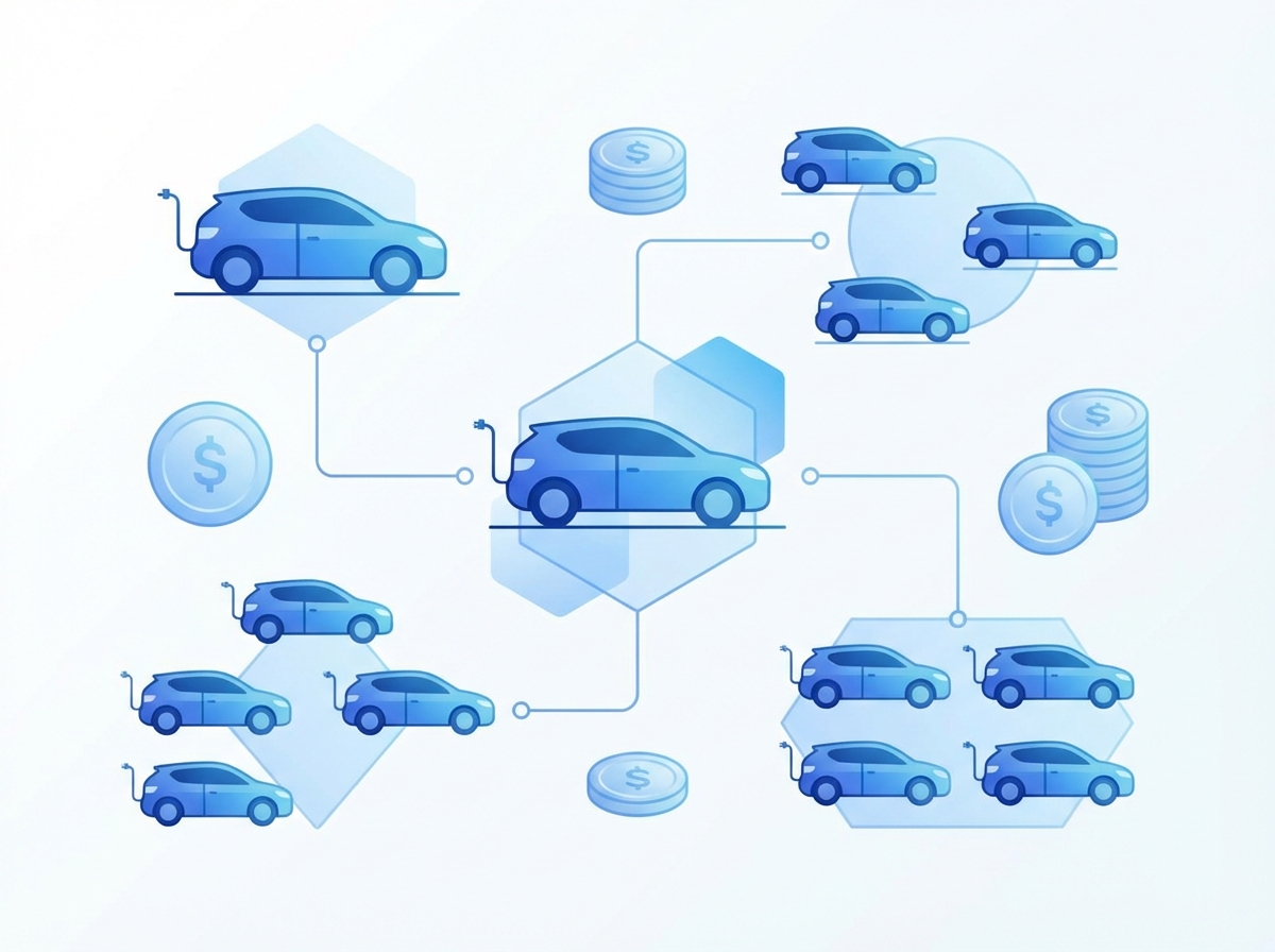 Modern infographic style illustration showing icons of electric cars and coins, blue and white color palette, professional layout, 4:3 aspect ratio, no text.