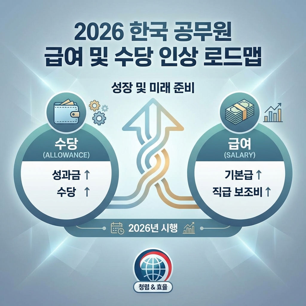 A clean and modern infographic showing the concept of 2026 Korean Public Service Allowance and salary increase with a professional layout and warm blue tones. 1:1