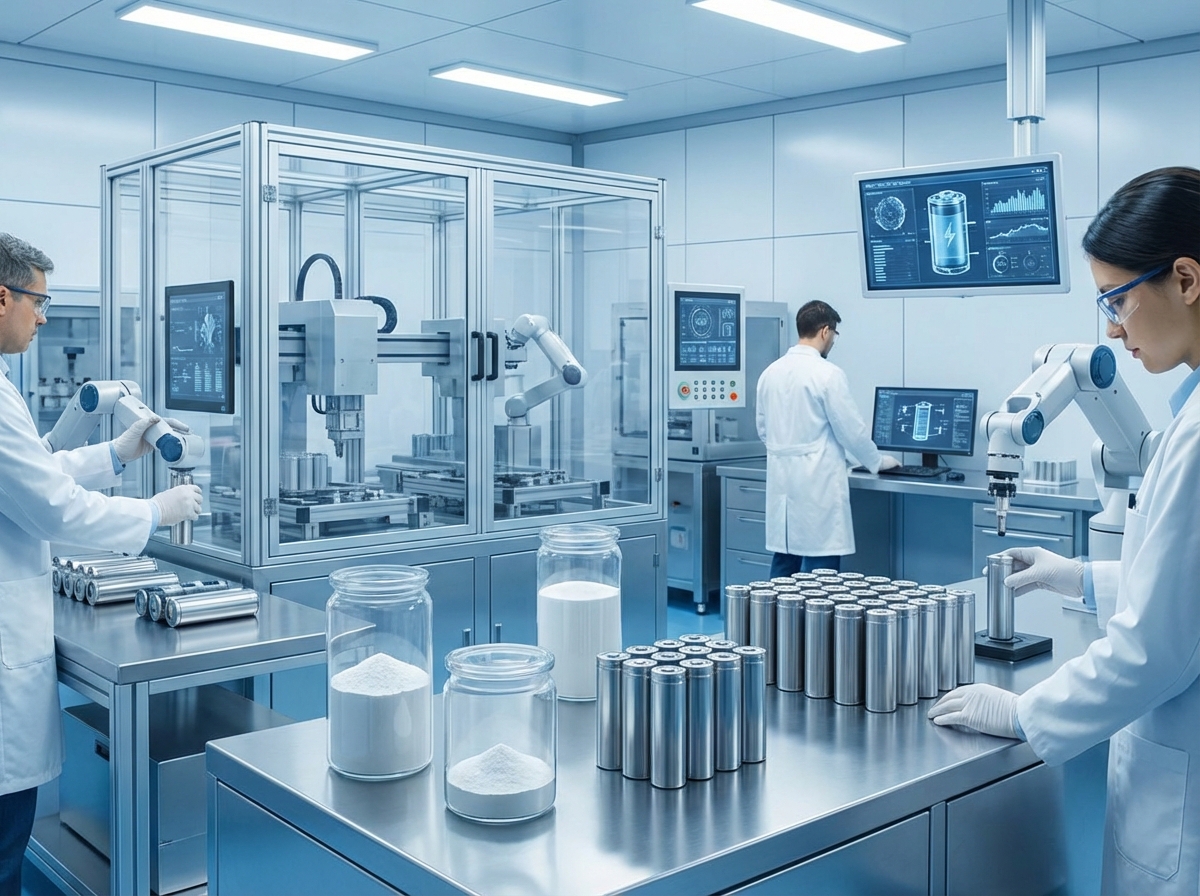 High-tech laboratory environment showing white lithium powder and battery cells, clean energy concept, bright and professional lighting, 4:3, no text