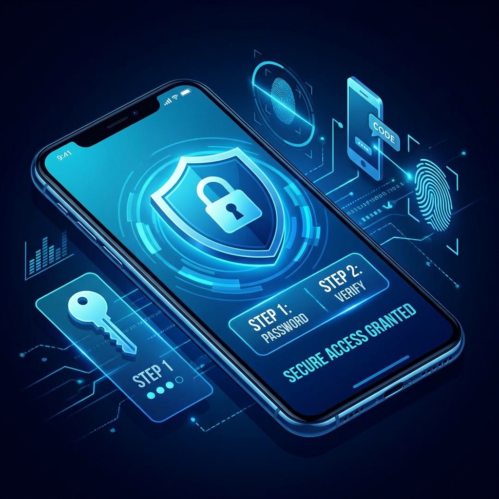 A conceptual illustration of 2-factor authentication on a mobile phone with a shield icon and a padlock symbol. Bright and safe blue tones, modern UI design elements, 1:1 aspect ratio, high contrast.