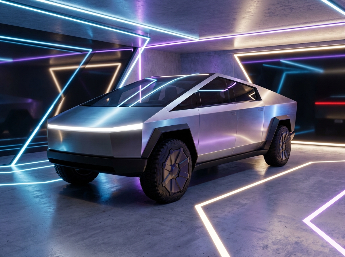 Close-up shot of the metallic silver Tesla Cybertruck displayed in a luxury showroom. Futuristic lighting and polished floor. High-end artistic rendering. 4:3 aspect ratio. No text.