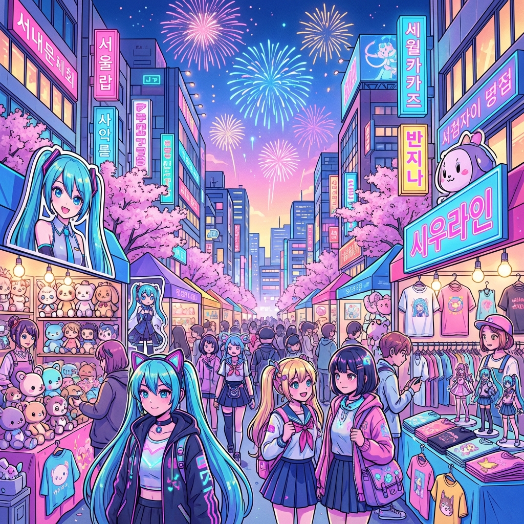 A vibrant promotional poster for an anime merchandise event in Seoul, featuring various stylized anime characters and the text JUMP SHOP in SEOUL, high-quality digital illustration, 1:1 aspect ratio, no visible text