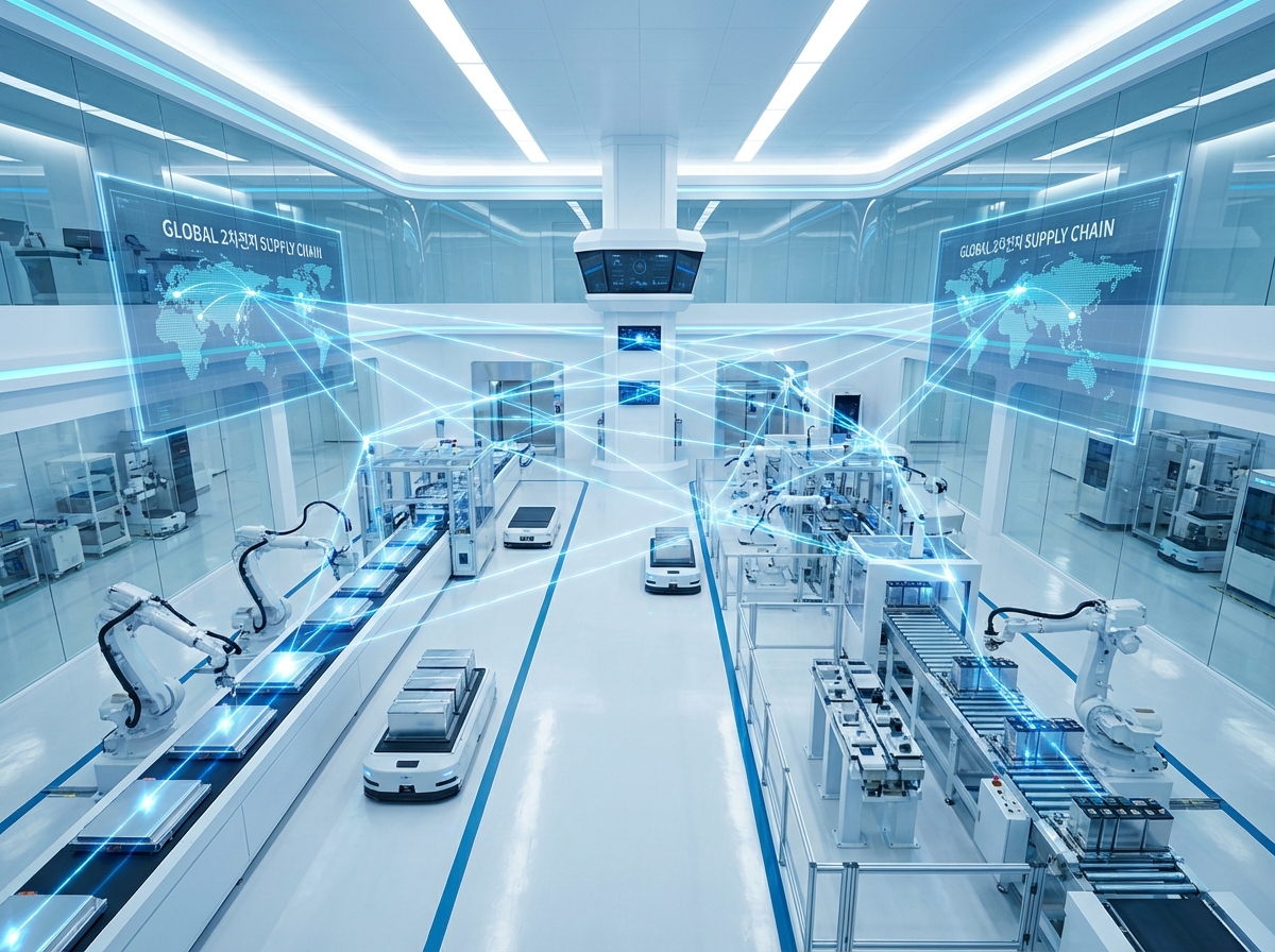 A futuristic and clean scene showing a high-tech battery manufacturing facility with glowing blue energy lines, representating the global 2차전지 supply chain, 4:3