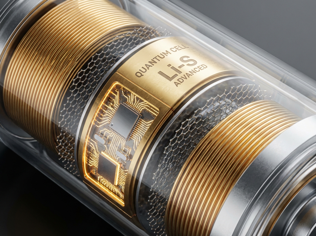 Close-up macro view of a high-tech battery cell showing internal structure and advanced technology components with golden and silver metallic textures, 4:3