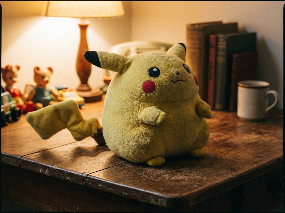 A chubby Pikachu plush doll from the 1990s retro style sitting on a wooden table with soft warm lighting. The plush is round and fat with short limbs and a classic lightning bolt tail. No text. 4:3