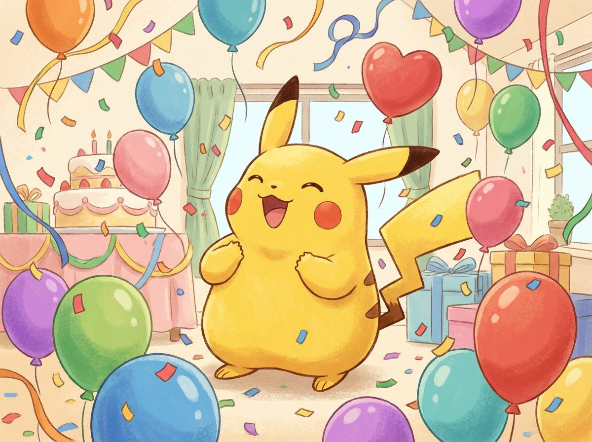 A celebratory illustration of a chubby Pikachu surrounded by confetti and balloons in a festive atmosphere. Bright balanced lighting. No text. 4:3