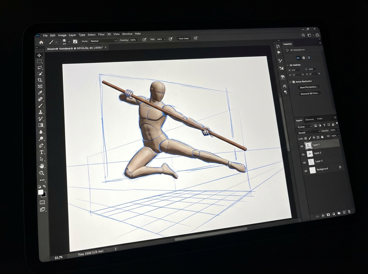 A digital canvas showing a 3D mannequin figure in a dynamic action pose. Perspective grids and blue sketch lines are visible on the screen. Professional illustration software interface, high contrast. 4:3