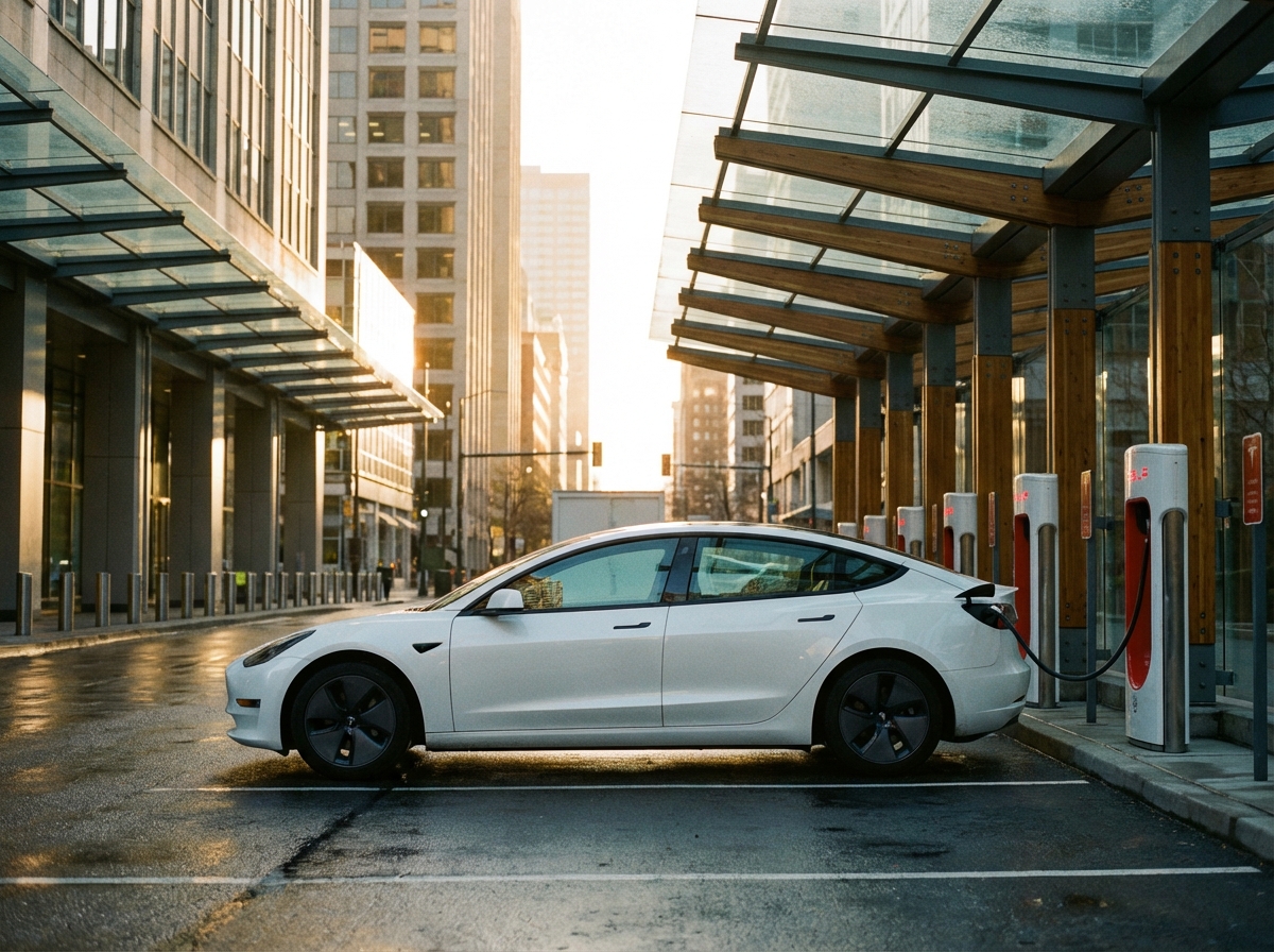 A sleek white Tesla Model 3 charging at a modern Supercharger station in a city during sunrise, soft cinematic lighting, 4:3 aspect ratio, high resolution, no text.
