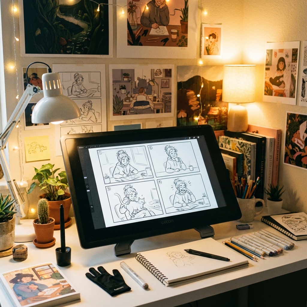 A digital artist's desk with a large tablet screen displaying a 4-panel comic storyboard. Each panel shows a consistent character in a short sequence. The room has warm creative lighting and artistic tools are nearby. Detailed composition. 1:1