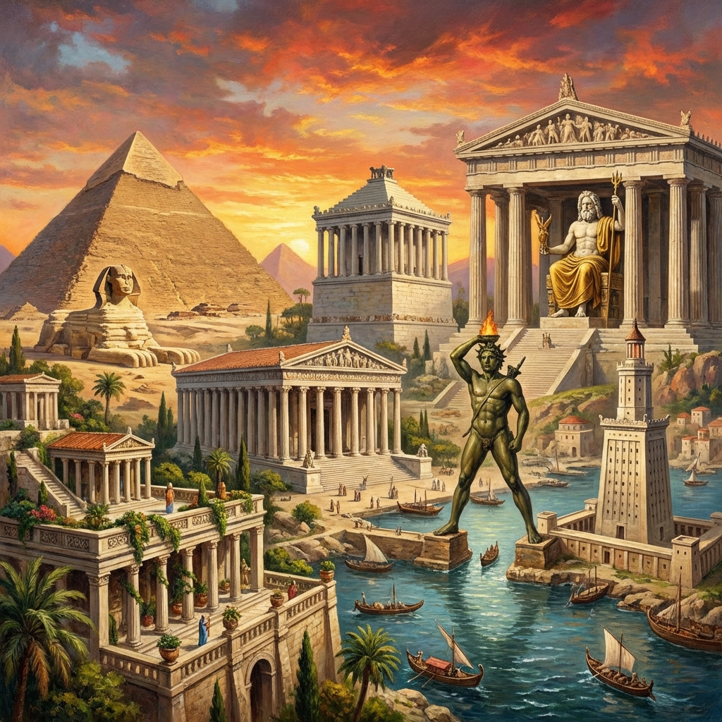Artistic rendering of the Seven Wonders of the Ancient World grouped together in a historical landscape, ancient Greek and Egyptian architectural styles, vibrant sky, highly detailed, realistic oil painting style, aspect ratio 1:1, no text