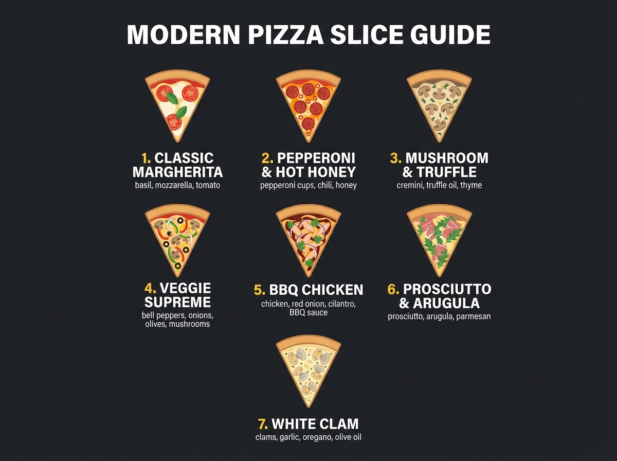 A modern infographic showing seven different pizza slices with various toppings, clean layout, high contrast, 4:3