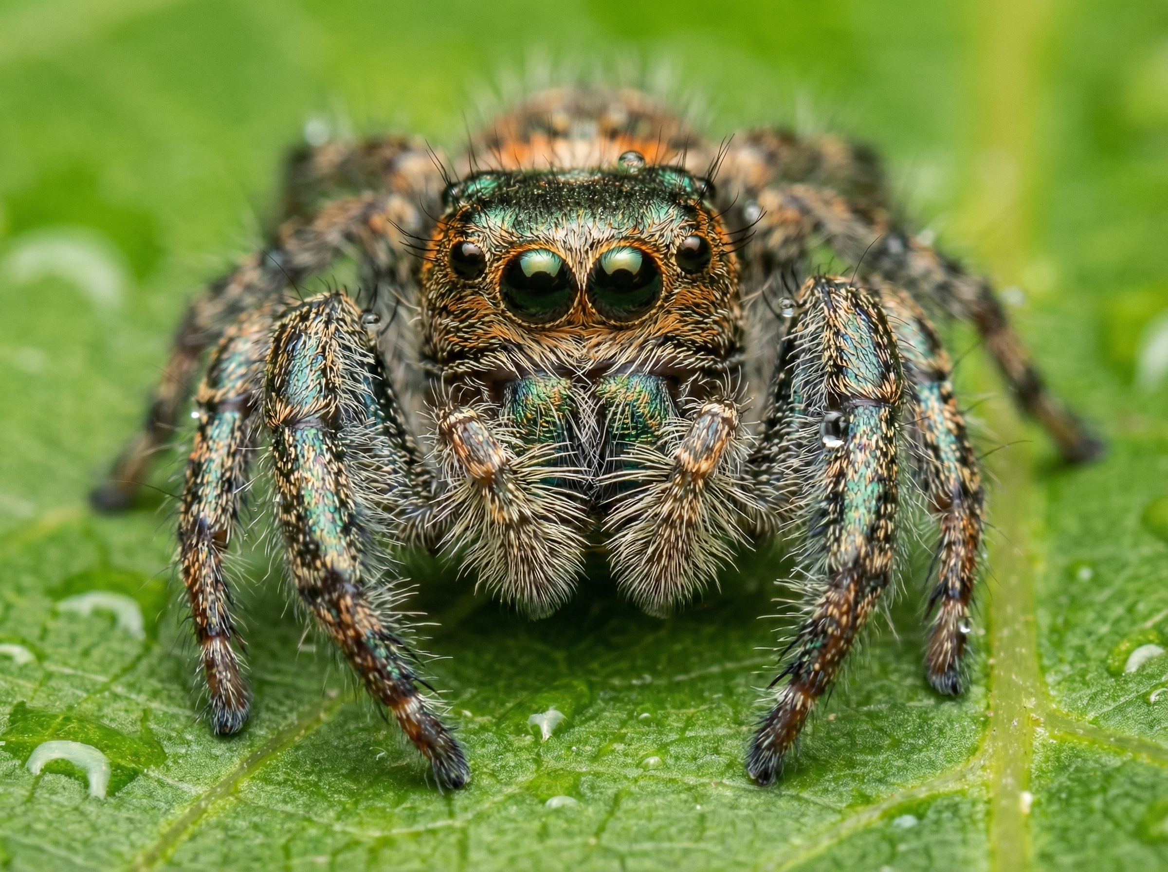 Extreme close-up of a jumping spider on a green leaf, showing multiple eyes and furry texture, natural sunlight, vivid colors, lifestyle nature photography, high detail, 4:3 aspect ratio, no text.