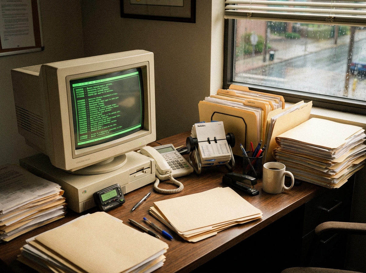 A 1990s office desk with a bulky CRT monitor a pager stationery and stacks of paper files nostalgic retro atmosphere detailed composition 4:3