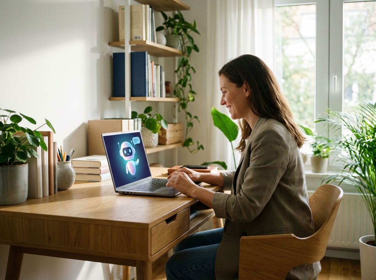 A professional non-developer sitting at a modern desk, smiling while interacting with a friendly AI interface on a laptop. The background is a warm, stylish home office with indoor plants and soft sunlight. High-quality lifestyle photography, 4:3 aspect ratio, no text.