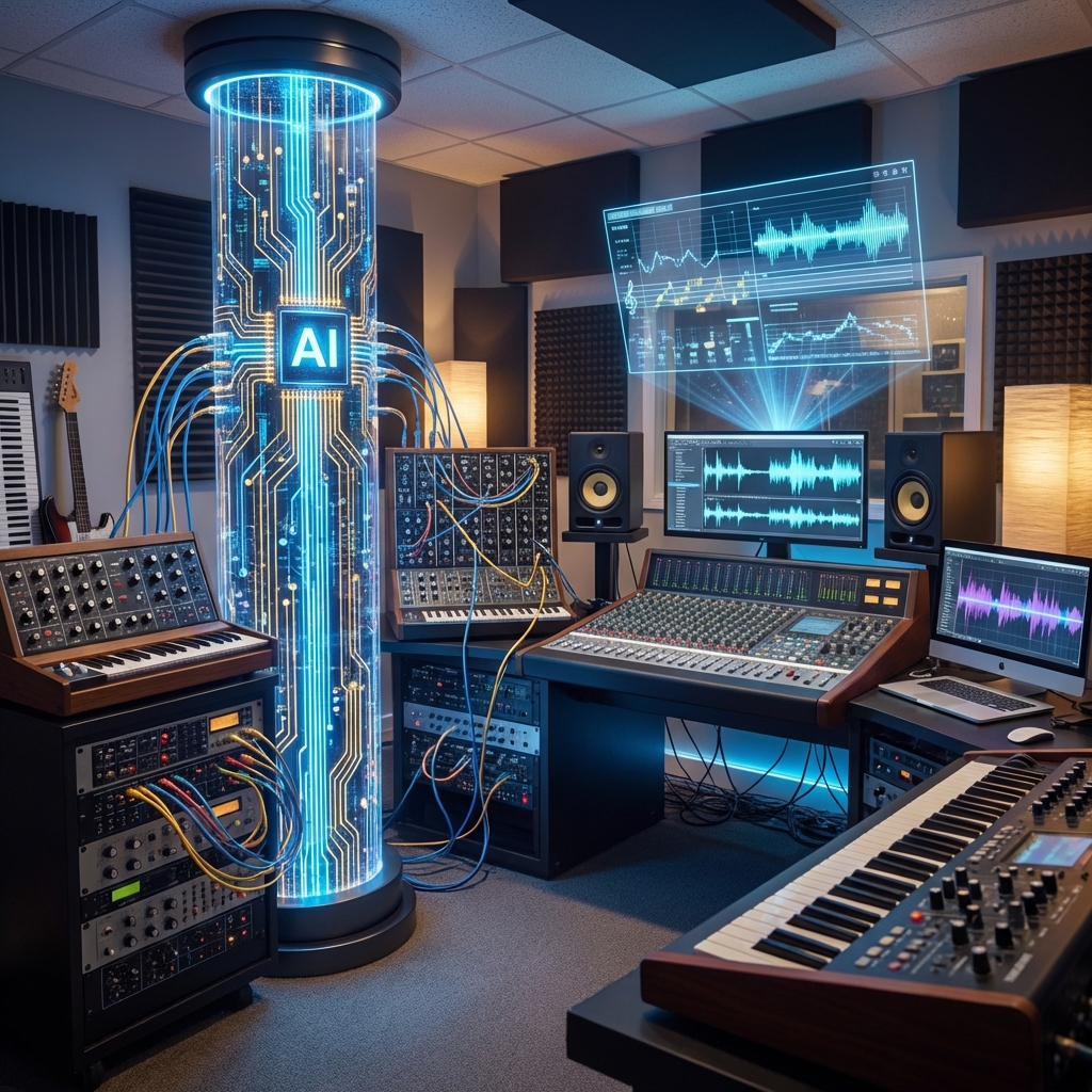 A futuristic AI system connecting to music production hardware in a professional studio setting, glowing circuits, digital interface, detailed composition, 1:1 ratio, no text