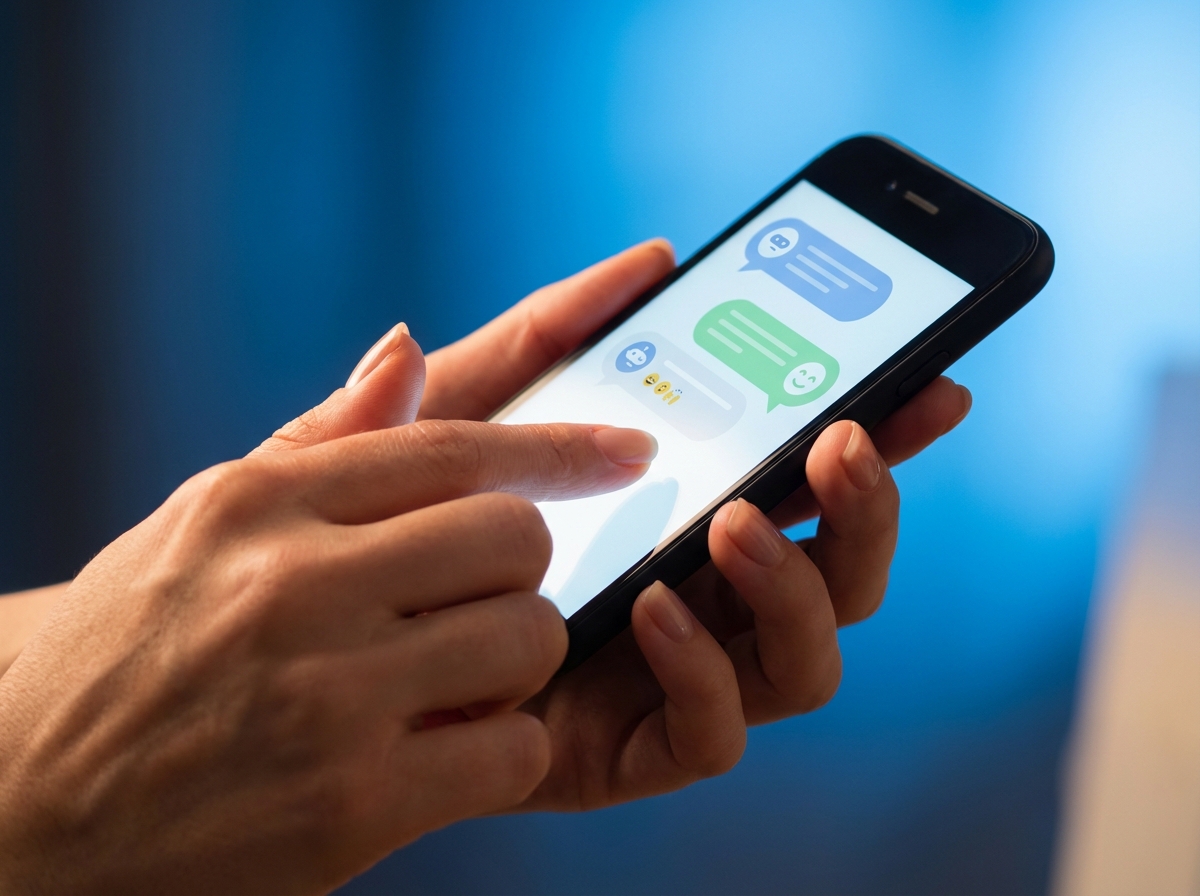 A close up shot of a person hands holding a sleek smartphone, a friendly AI chatbot interface visible on the screen with speech bubbles, modern technology vibe, gradient blue background, aspect ratio 4:3, no text.
