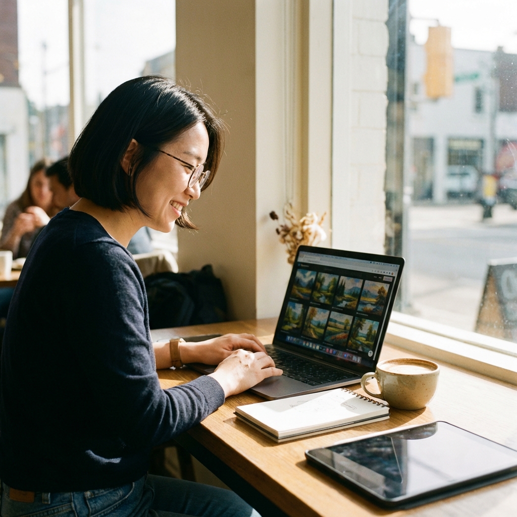 A Korean designer working on a laptop in a bright modern cafe, the screen displays various AI generated landscape paintings, a cup of coffee on the table, natural sunlight through the window, realistic and cozy atmosphere, aspect ratio 1:1, no text