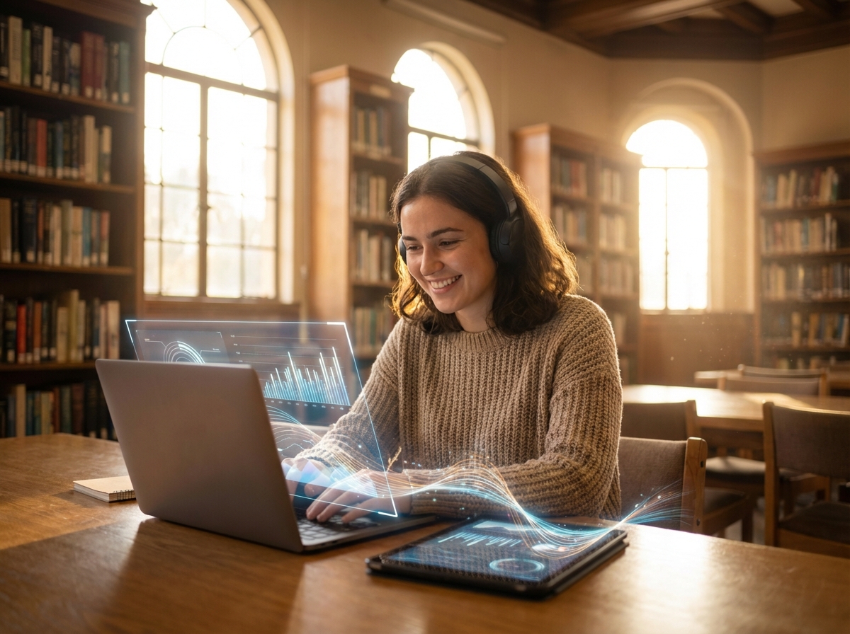 A university student happily studying in a library with a tablet and laptop, AI data visualization elements softly glowing around, warm and inspiring atmosphere, realistic photography, 4:3 aspect ratio, no visible text.