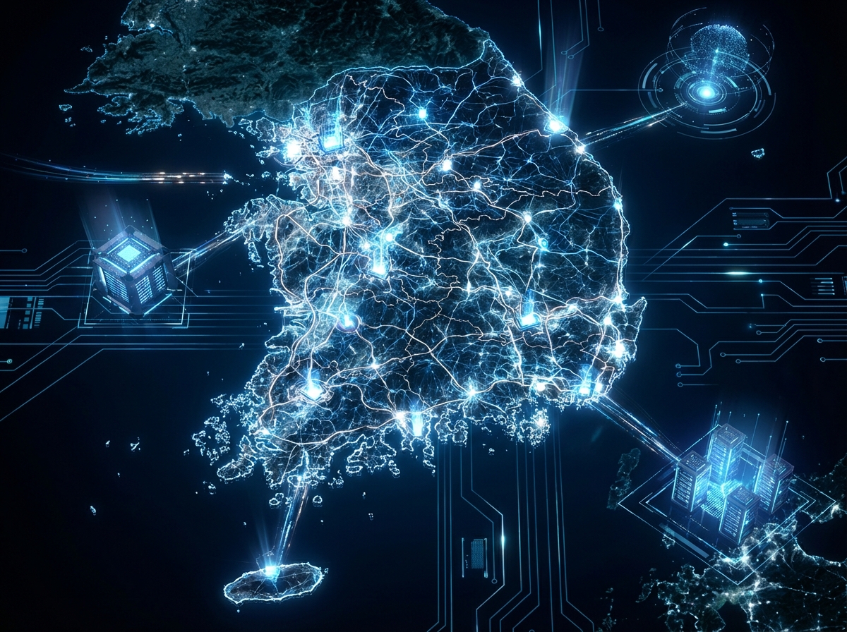 A futuristic digital map of South Korea with glowing neural networks and power grid lines connecting high-tech data centers, modern blue and silver color palette, 4:3, no text, high contrast lighting.