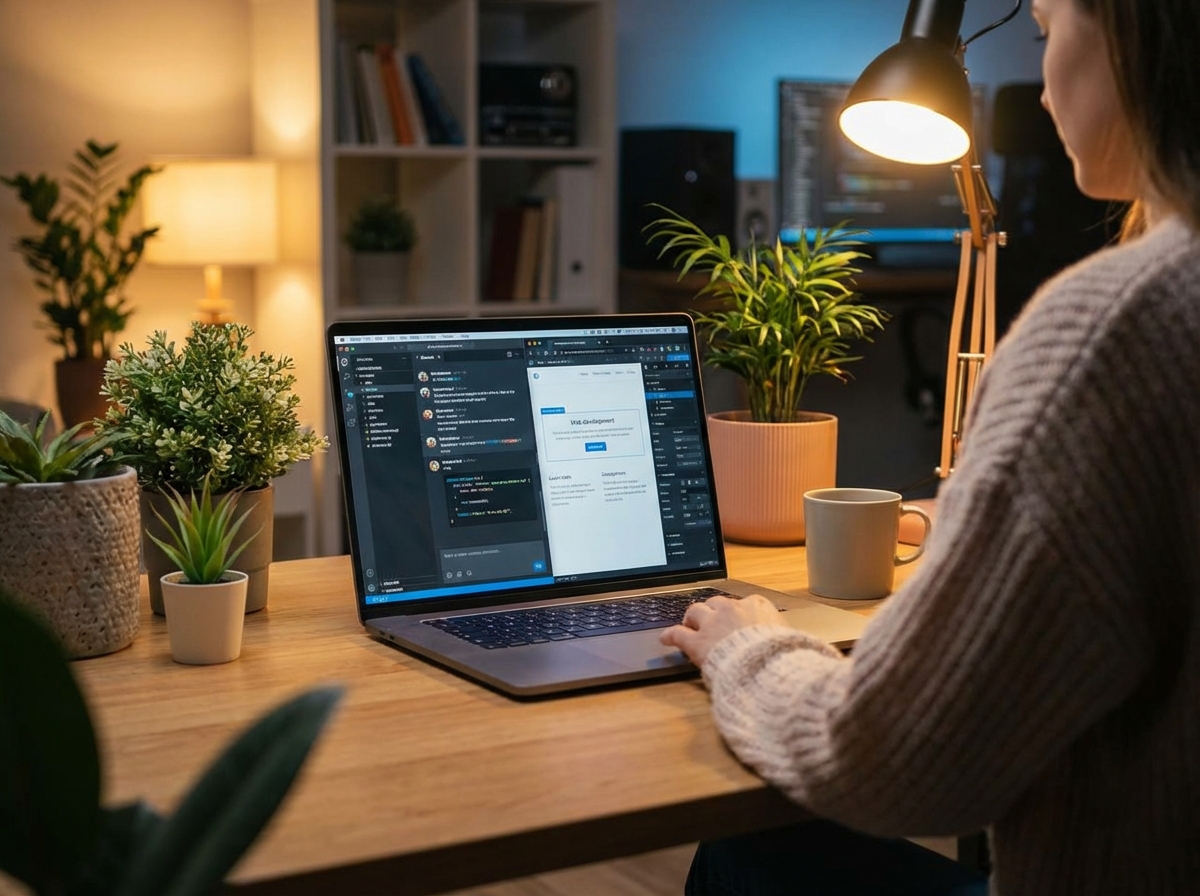 A modern workspace with a person sitting in front of a clean laptop screen showing an AI chat interface and a web application being built simultaneously, soft warm lighting, high-tech and friendly atmosphere, 4:3, no text