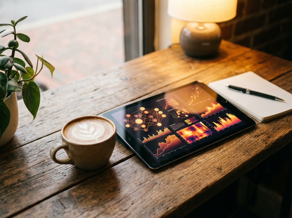 A workspace on a wooden cafe table with a coffee cup and a tablet showing AI data visualizations, aesthetic and warm lighting, 4:3 aspect ratio, no visible text