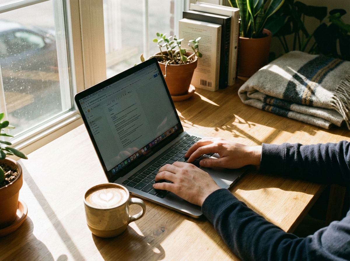 A person using a laptop at a bright wooden desk with a cup of coffee nearby. Sunlight streaming through a window. The focus is on the hands typing comfortably. Natural lifestyle photography. 4:3