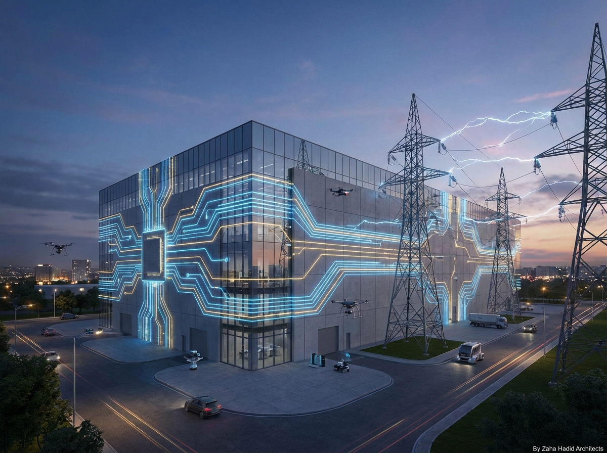A futuristic AI data center building integrated with a high-voltage power grid, glowing circuit patterns on the walls, clean modern industrial design, evening atmosphere, realistic architectural rendering, 4:3