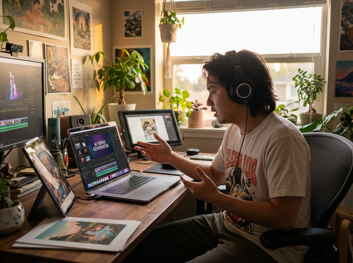 A digital artist using AI to create high quality video content on a sleek laptop, creative studio background, warm cinematic lighting, 4:3