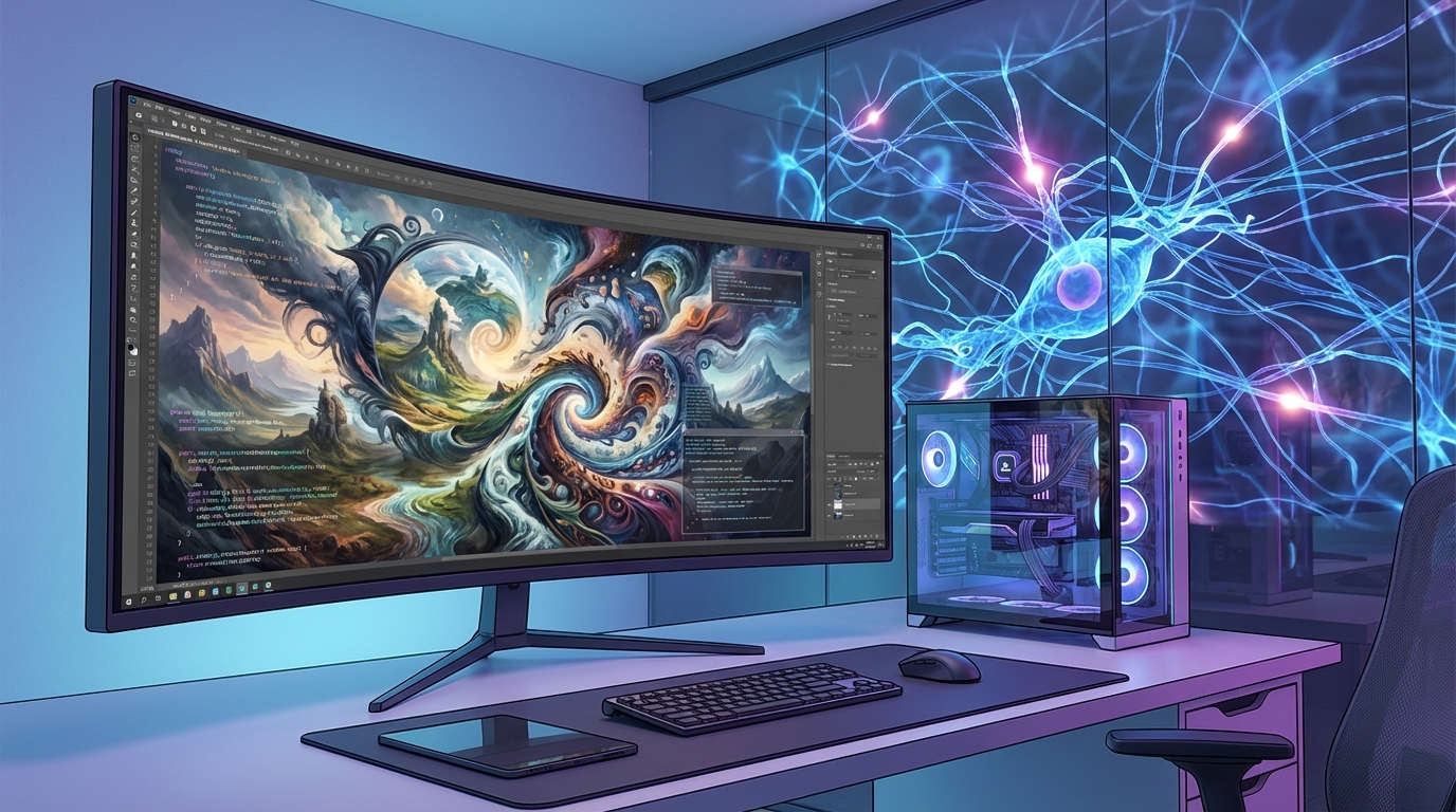 A modern computer setup with a large monitor displaying AI-generated artwork in progress, glowing neural network visualization in the background, soft blue and purple lighting, digital art style, 16:9