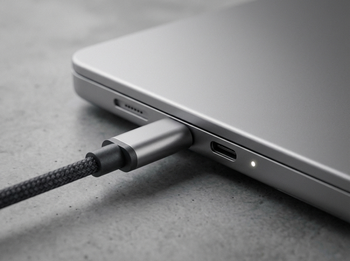 A close up shot of a modern electronic device being charged with a C-type cable, minimalist aesthetic, focus on the port, high tech feel, 4:3