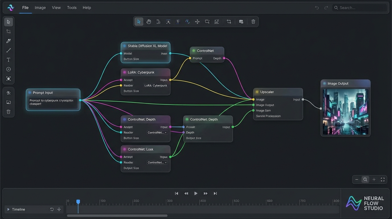 Modern node-based interface showing connected workflow nodes for AI image generation, clean dark theme UI with colorful connection lines between nodes, professional software screenshot style, 16:9