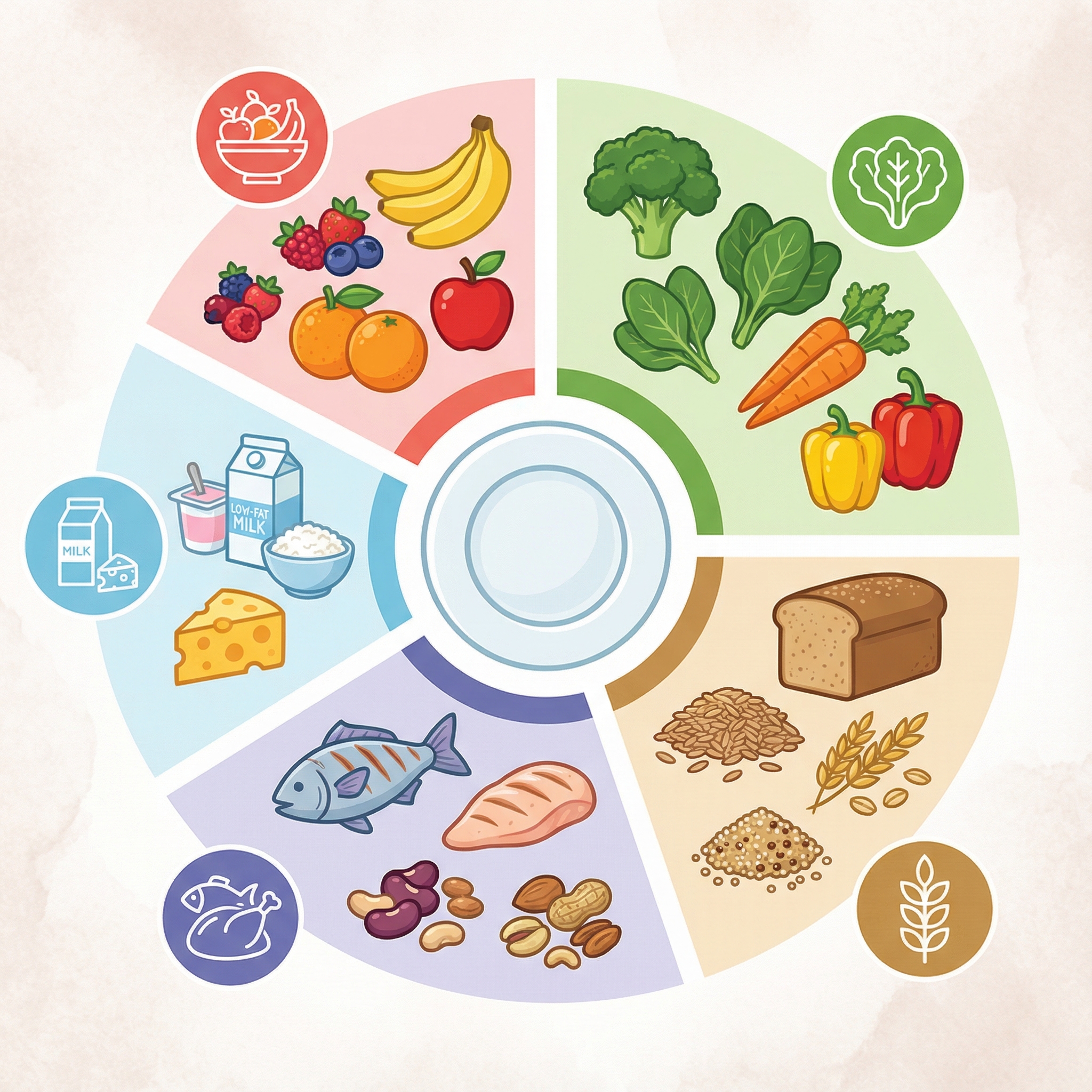 A clean infographic style image showing a visual representation of the DASH diet. Sections include fruits, vegetables, whole grains, lean protein, and low-fat dairy. It's vibrant and organized. The background has a subtle texture. Aspect ratio 1:1. no visible text. No Korean text.