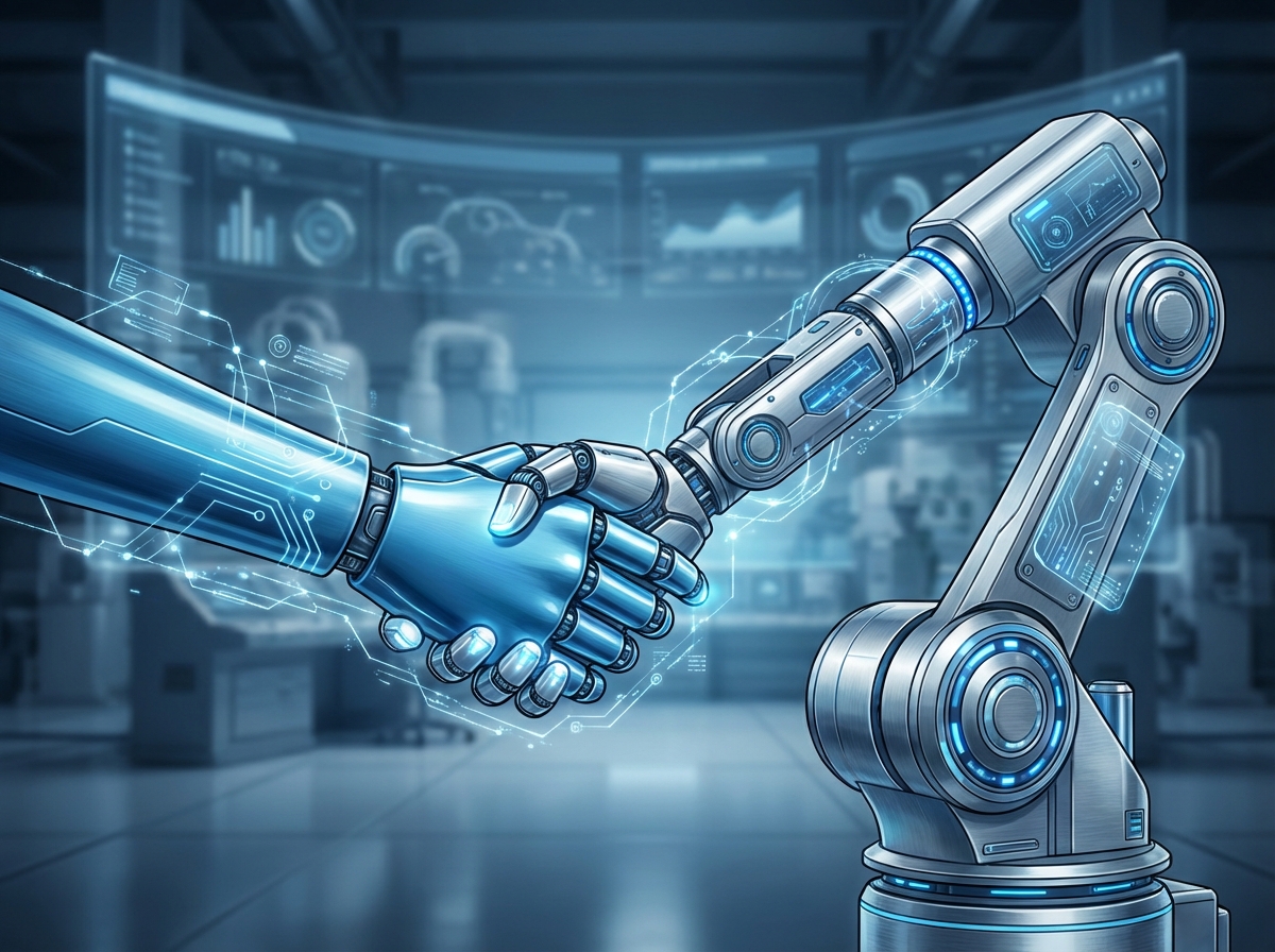 A sleek and modern conceptual illustration showing a digital handshake between a human-like robot hand and a high-tech industrial robotic arm, symbolizing the cooperation between POSCO DX and Yaskawa, cinematic lighting, blue and silver color palette, aspect ratio 4:3, no text