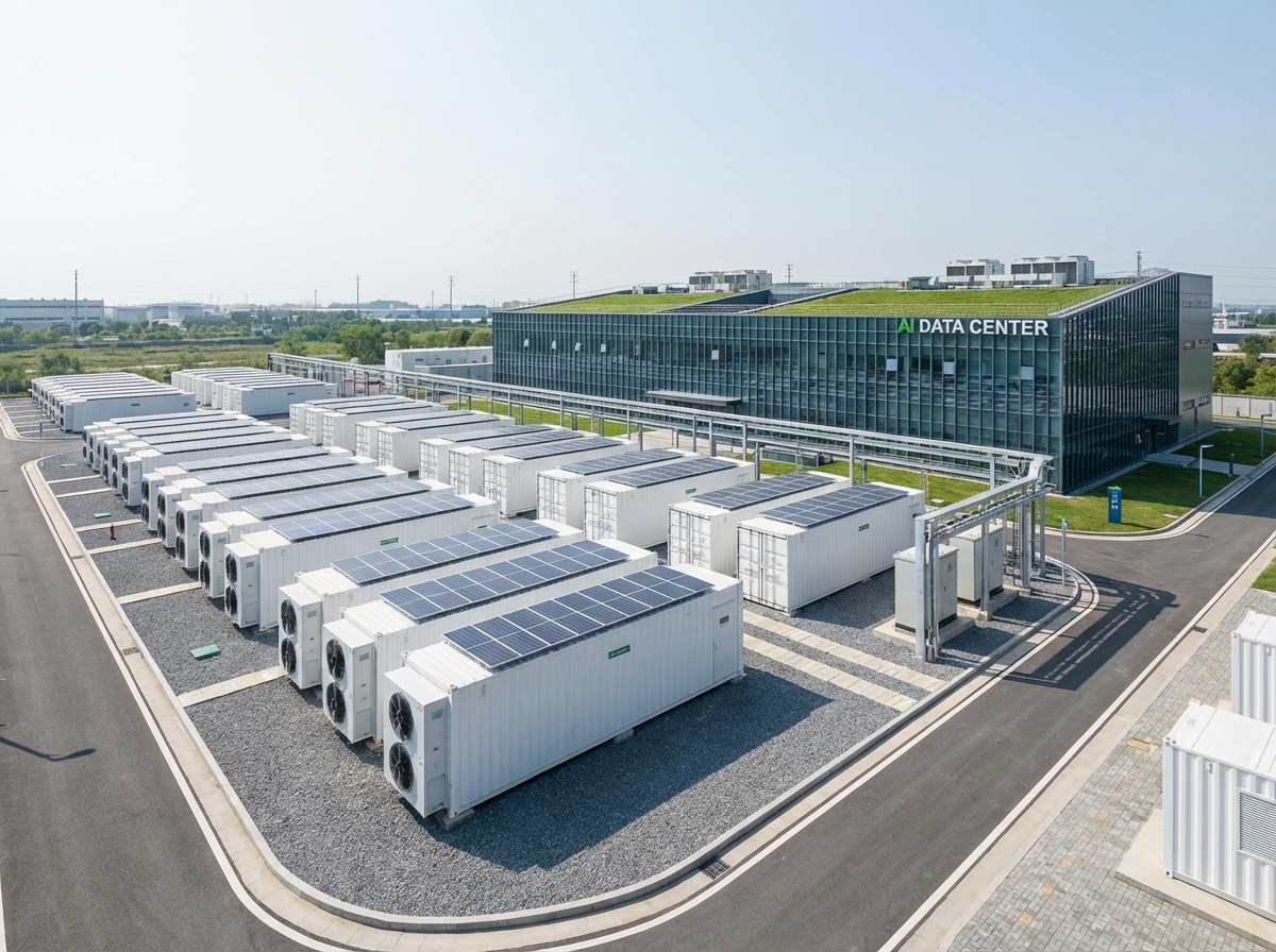 A professional and clean landscape of large-scale industrial battery energy storage systems (BESS) installed next to a modern AI data center building, 4:3