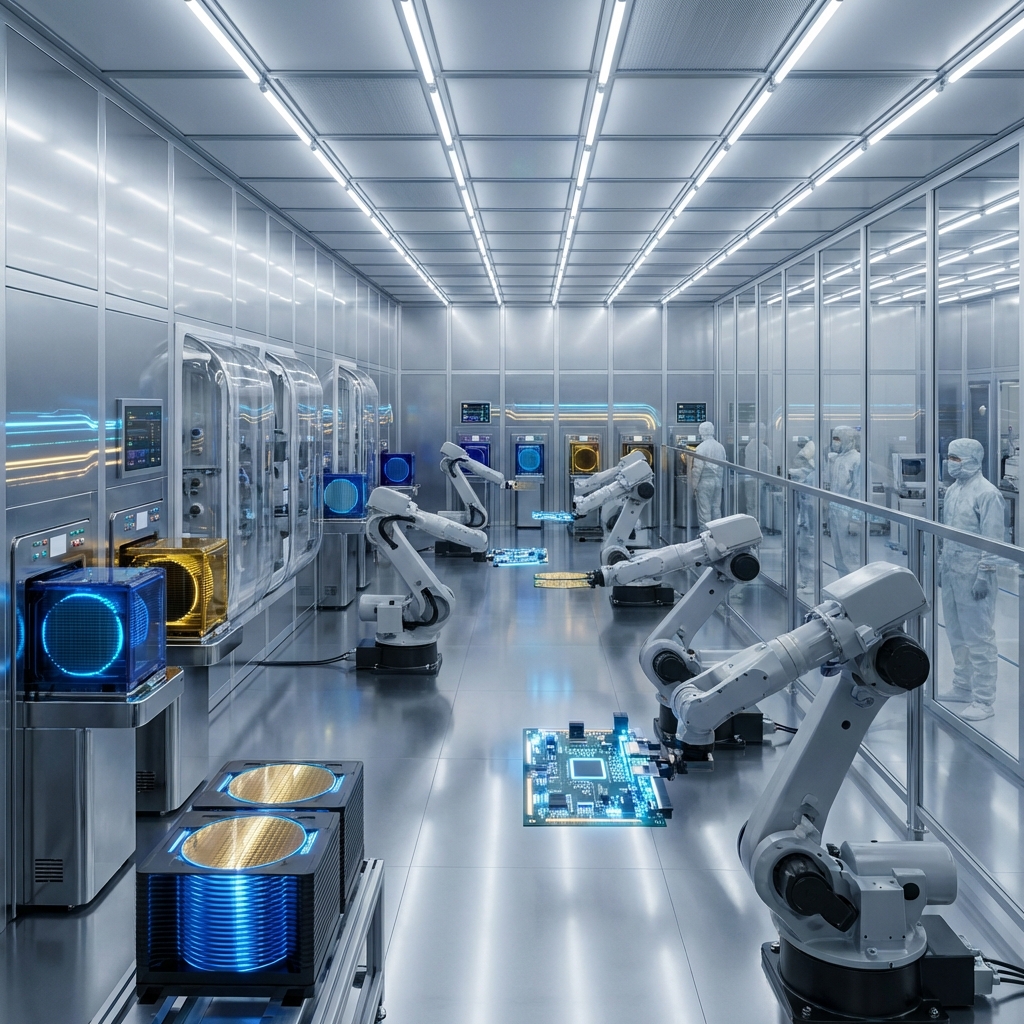 High-tech HBM4 semiconductor manufacturing facility with robotic arms, futuristic cleanroom environment, glowing blue and gold circuits, 1:1, no text