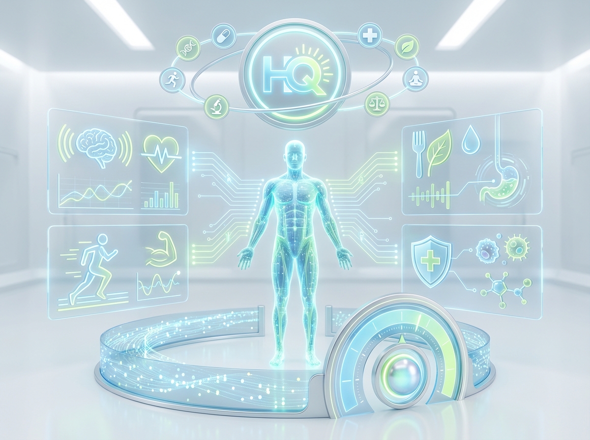 A modern and clean infographic about Health Quotient concept, featuring human body data visualization, health icons, and futuristic medical interface elements, bright and professional lighting, 4:3 aspect ratio, no text.