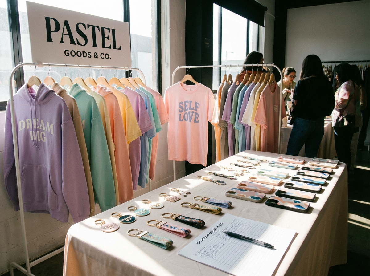 A stylish display of various merchandise including keyrings, apparel, and phone cases. The design uses pastel tones and trendy typography. A shopping order sheet is visible on a table. Bright and high-contrast indoor lighting. 4:3