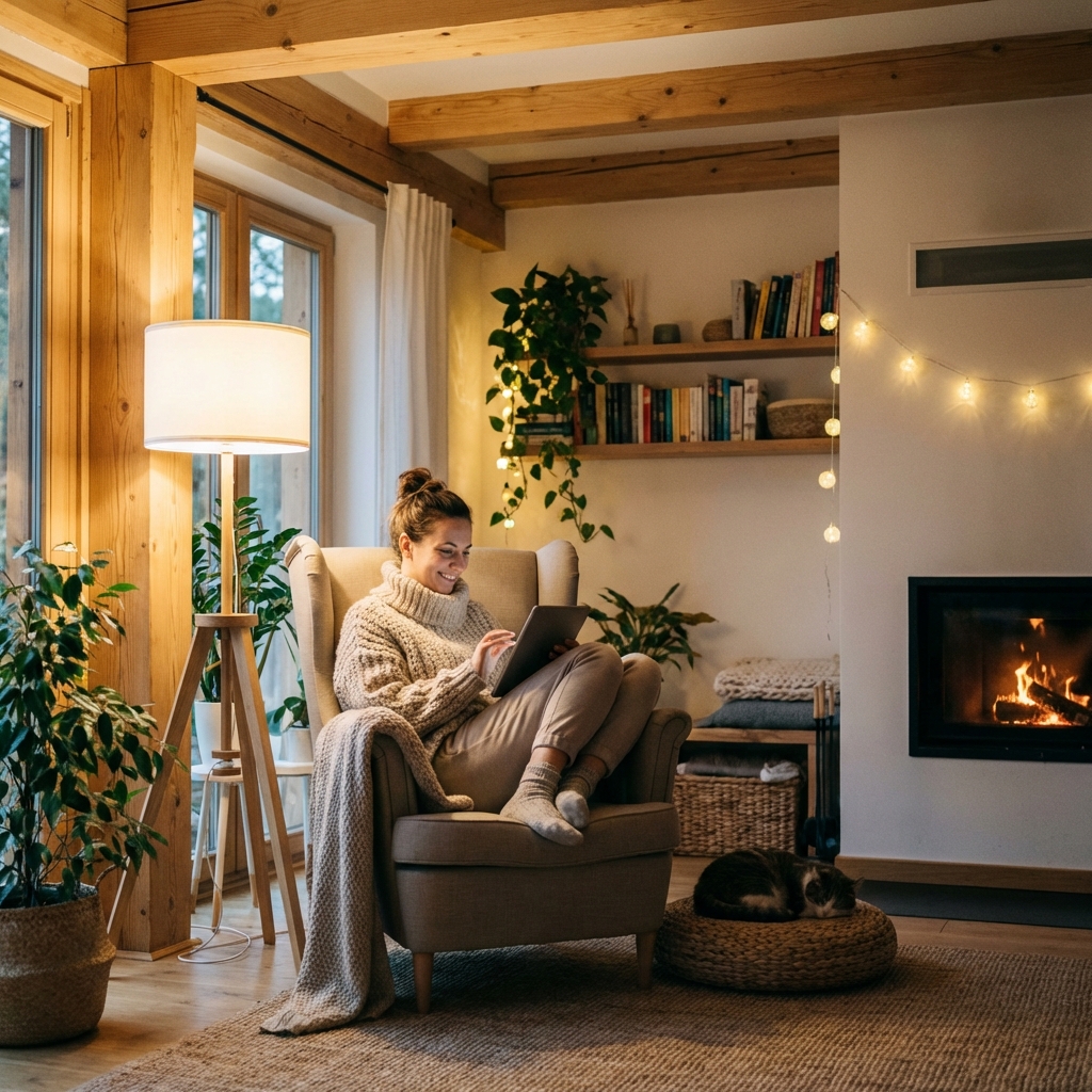 A cozy living room scene with a person holding a tablet, warm ambient lighting, modern interior, relaxed atmosphere, 1:1 aspect ratio, no text.