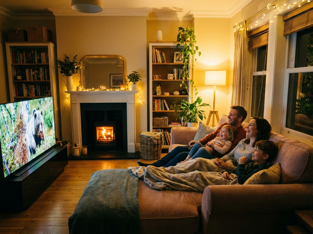 A cozy living room with a family sitting on a sofa watching a high-quality movie on a large smart TV, warm ambient lighting, realistic photography, 4:3 aspect ratio, no text.