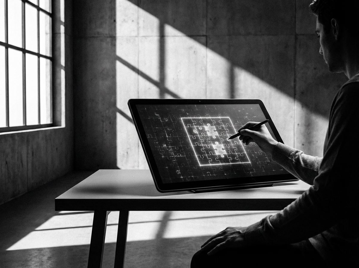 High contrast image of a person using a stylus to solve a complex digital puzzle on a high definition tablet screen in a minimal office setting 4:3 no text