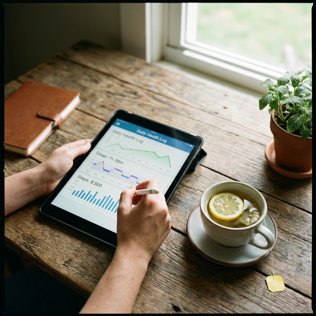 A high-angle shot of a person using a stylus to enter data into a health tracking app on a tablet, a cup of herbal tea nearby, detailed composition, 1:1