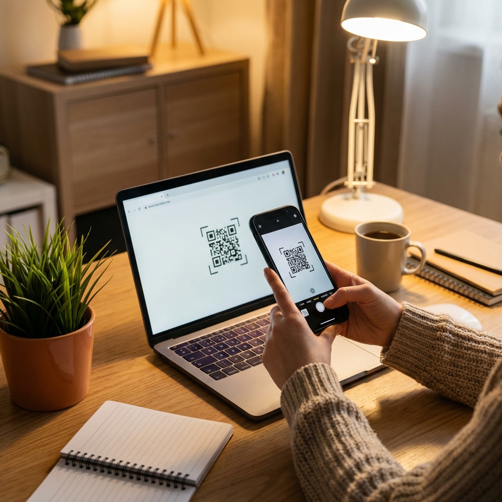 A person holding a smartphone to scan a QR code displayed on a laptop screen, modern office desk environment, cozy atmosphere with a plant, realistic lifestyle photography, 1:1 aspect ratio, no visible text